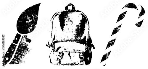 Retro backpack with worn texture, paintbrush with splattered tip, candy cane stripes in distressed style, vector art,, artistic tools, holiday.