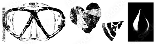 Vector with distressed texture scuba mask, fragmented heart, teardrop, halftone shading, isolated graphic elements, stylized symbols.