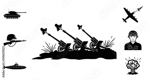 Collection of military equipment and symbols in silhouette.