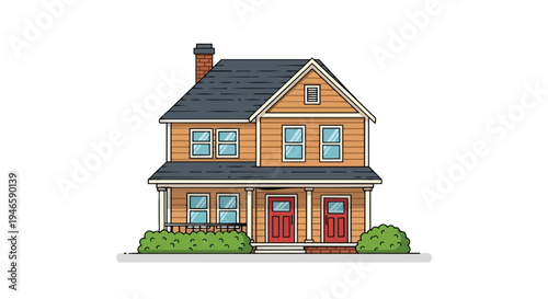 Vibrant cartoon illustration of a cozy two-story house with classic design. Features a welcoming porch, gabled roof, chimney, multiple windows, and