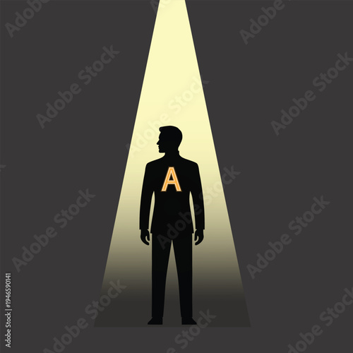 Minimalist businessman silhouette standing in a spotlight with a glowing letter A on chest, metaphor for talent recognition, top performance and being in focus during recruitment