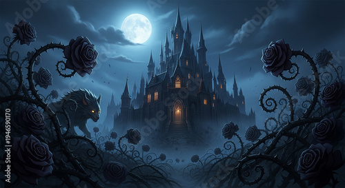 A dark gothic castle under a full moon and red rose 