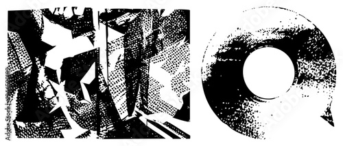 Fragmented abstract shapes with halftone texture, graphic design elements, bold contrast, vector illustration, isolated forms, stylized composition, modern art.