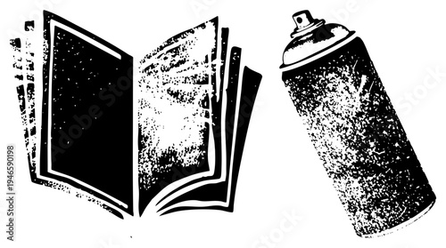 Open book with blank pages and spray can, urban art symbols, street culture, stencil graphic, graffiti art tools.