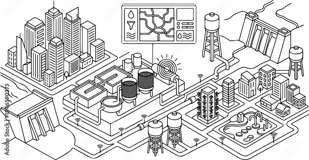 Obraz premium Line art vector of smart city water management, purification plant and dam infrastructure