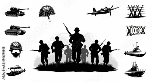 Military soldiers and equipment silhouettes for war concept.