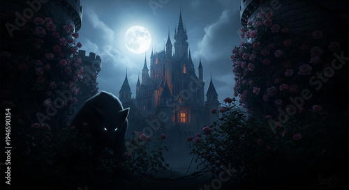 A dark gothic castle under a full moon and red rose 