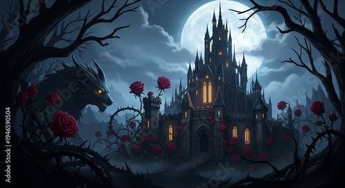 A dark gothic castle under a full moon and red rose 