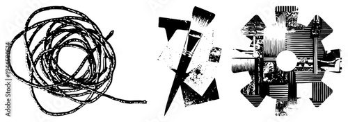 Abstract vector coiled wire, paintbrush, mechanical gear stylized with halftone textures, isolated elements for design use.