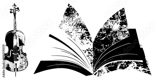 Classic violin and open book with textured pages, artistic vector illustration, educational and musical symbol, black and white design, vintage aesthetic.