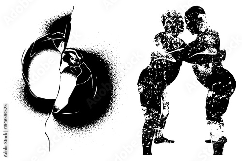 Artistic halftone vector graphics depicting coffee pouring and dancing figures, stylized motion, isolated foreground, expressive forms, design.