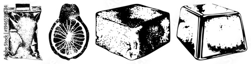 Sugar bag, citrus slice, sugar cubes, halftone vector art, food set, black and white illustration, textured sugar elements.