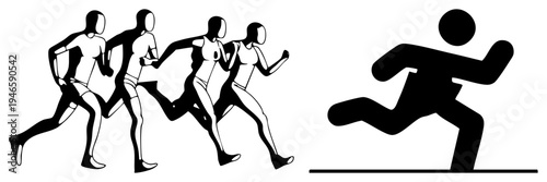 Stylized runners in motion, athletic figures, race participants, track athletes, minimalist human forms, competitive runners, stylized runners.