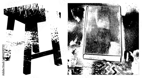 Graphic vector illustration of a stool and book, halftone textured,, minimalist design, isolated objects, artistic print style.