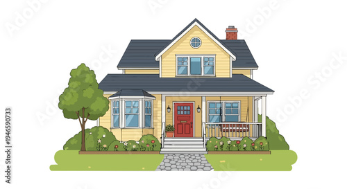 A delightful illustration of a classic suburban family home, featuring a welcoming front porch, a vibrant garden landscape, and a serene residential