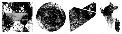 Black and white vector shapes with halftone dots and textured fragments, abstract composition, graphic design element, modern art motif, digital illustration.