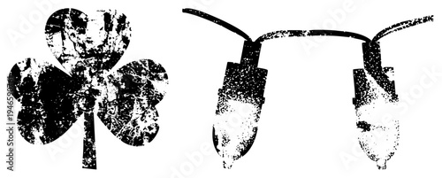 Distressed clover symbol with textured grain, festive string lights with speckled bulbs, holiday decor elements, rustic graphic design, vintage aesthetic.