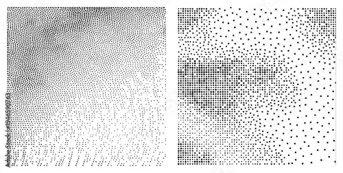 Vector graphic displaying halftone dot gradients, fading density for tonal effect, isolated dot, design element, print aesthetic.