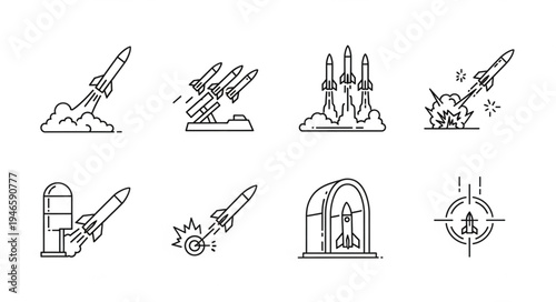 Rocket Launch and Missile Attack Icons Set.