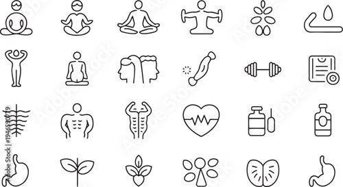Collection of hand drawn health and wellness icons isolated on transparent background