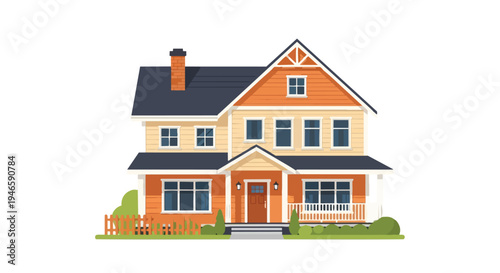 A charming two-story suburban house with a cozy front porch and well-maintained garden featuring a welcoming design with a blend of modern and