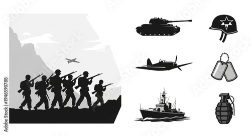Military soldiers advancing with weapons and war equipment icons.