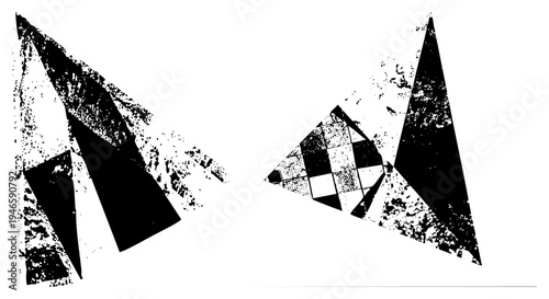 Black and white vector art featuring fragmented triangles and polygons with distressed textures, halftone dots, and checkerboard, minimalist graphic design.