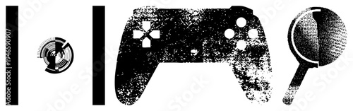 Vector featuring gaming controller, magnifying glass, and circular interface elements, rendered in halftone style with distressed texture, digital design assets for UI/UX or tech themes.