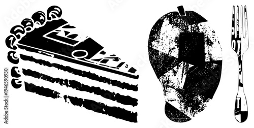 Graphic illustration of dessert slice, fruit, and utensil in bold, halftone texture, food set, isolated elements, stylized design.