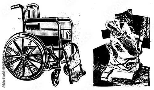 Retro wheelchair with spoked wheel and halftone texture, paired with abstract sculpture, both rendered in high contrast vector art, isolated graphic design elements.