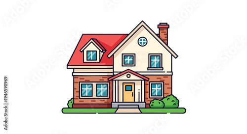 Charming suburban family dwelling illustration with red roof and brick facade perfect for home-related concepts