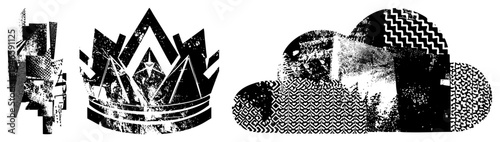Stylized crown with angular facets and star motif, abstract cloud shapes with sections, vector art with distressed halftone textures and graphic design elements.
