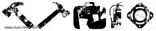 Weathered black and white tool silhouettes with distressed texture, hammer, fuel can, safety extinguisher, industrial flange, mechanical, gritty design.
