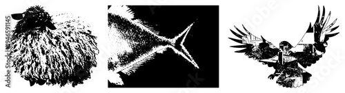 Black and white vector illustrations of a woolly sheep, fish tail, and soaring eagle with intricate textures, isolated foreground elements for graphic design.