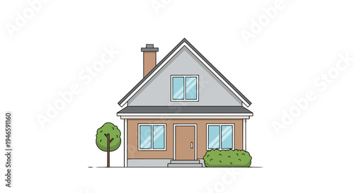 A quaint cartoon detached house illustration featuring a gabled roof, chimney, multiple windows, a front door, a small tree, and a trimmed bush,