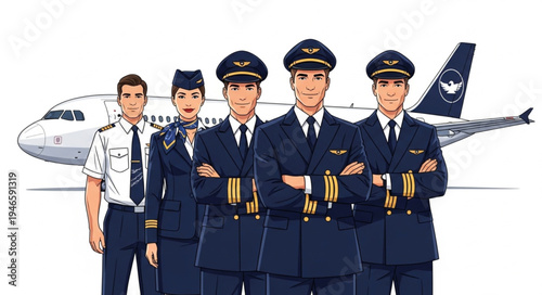 Airline pilots and crew standing.