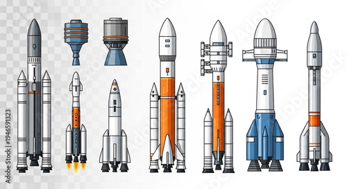 Collection of various rocket ship designs and spacecraft components.
