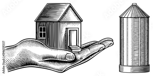 Hand holding tiny house with door and window, rustic farmhouse, rural property, agricultural storage silo, vintage halftone style, black and white engraving, symbolic real.