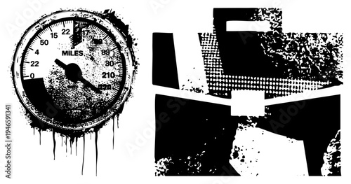 Worn out speedometer with dripping paint, halftone mechanical forms, gritty vector art, urban decay motif, stylized gauge, industrial design element.