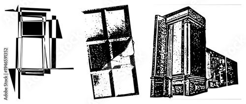 Stylized architectural fragments, fragmented planes, graphic composition, modernist abstraction, vector design, geometric sculpture, minimalist art.