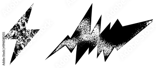 Stylized black lightning bolts with gritty halftone, vector art, comic book aesthetic, isolated design elements, electric symbol graphics.