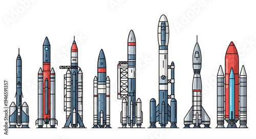 Collection of diverse rockets and spacecraft lined up for launch.