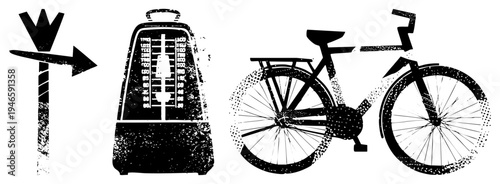 Grungy black silhouette, arrow, bicycle. Retro music tool, navigation symbol, cycling transport. Vector art with distressed texture.