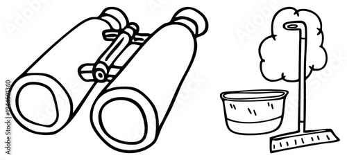 Hand drawn of binoculars and cleaning tools, sketch style vector illustration, outdoor maintenance equipment, simple art, cleaning accessories.