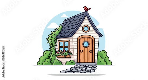 A whimsical illustrative depiction of a charming small house nestled amidst lush greenery under a serene sky