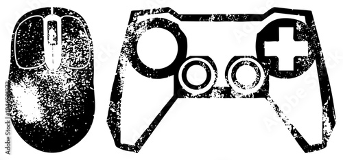 Grunge textured digital input devices, computer mouse and gamepad, retro tech, pixel art style, black and white vector.