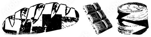 Artistic depiction of sliced bread loaf, segmented chocolate bar, and stacked coins, rendered in high contrast halftone style with bold and textured shading.