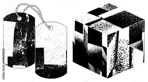Military dog tags on chain, engraved metal identification, halftone isometric cube, graphic design element, vector illustration, black and white, textured shading.