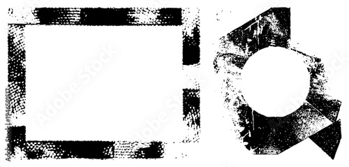 Distressed halftone rectangle frame and fragmented circular, vector art with gritty texture, graphic design element, digital illustration, abstract composition.