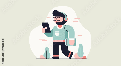 A man wearing headphones walks while looking at his phone